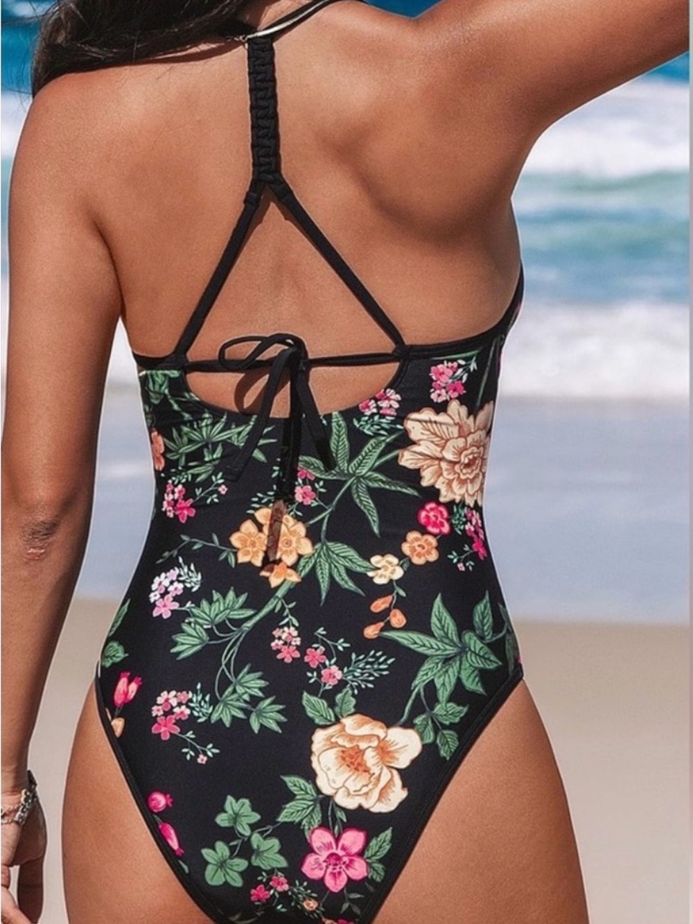 Cupshe Black Floral One-Piece Swimsuit with Green and Pink Accents - Picture 2 of 10
